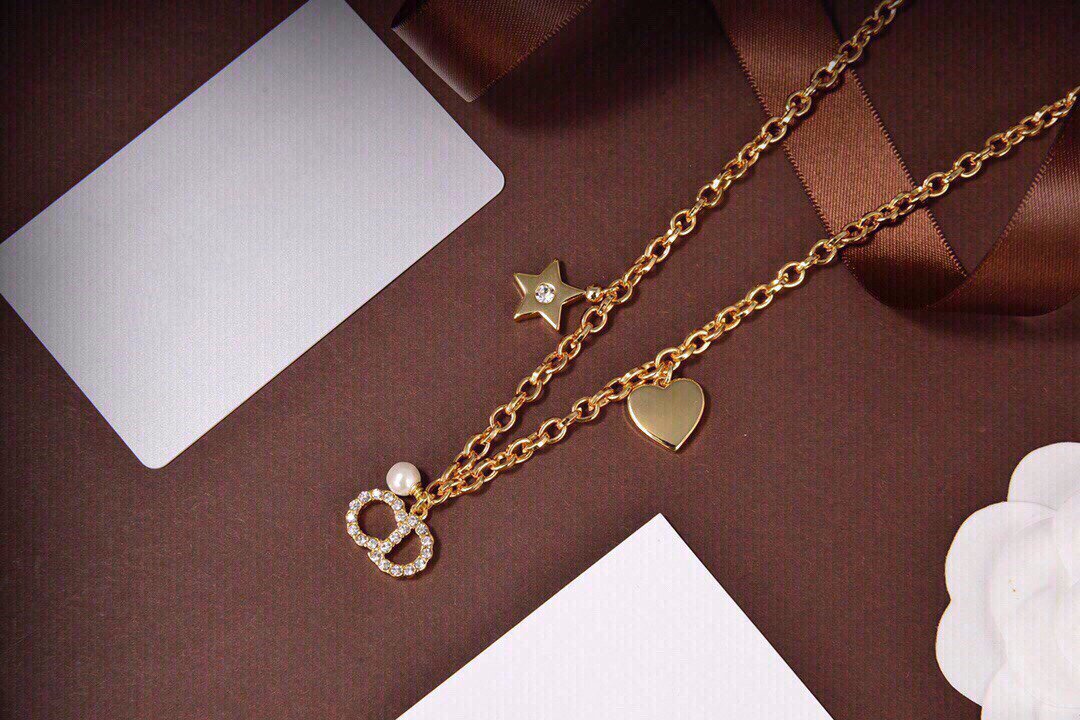 Dior CD Pearl Star Heart Gold Diamond Necklace