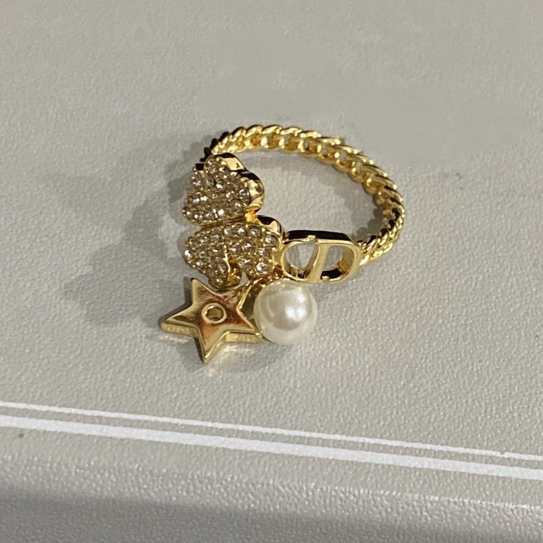 Dior Star Pearl Clover Gold Cubic Zirconia Ring