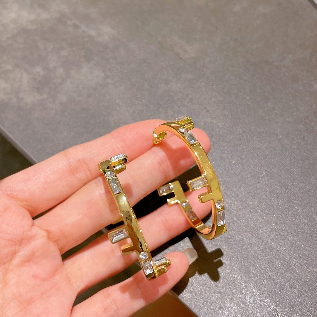 Fendi FF Logo Hoop Earrings Gold Diamond