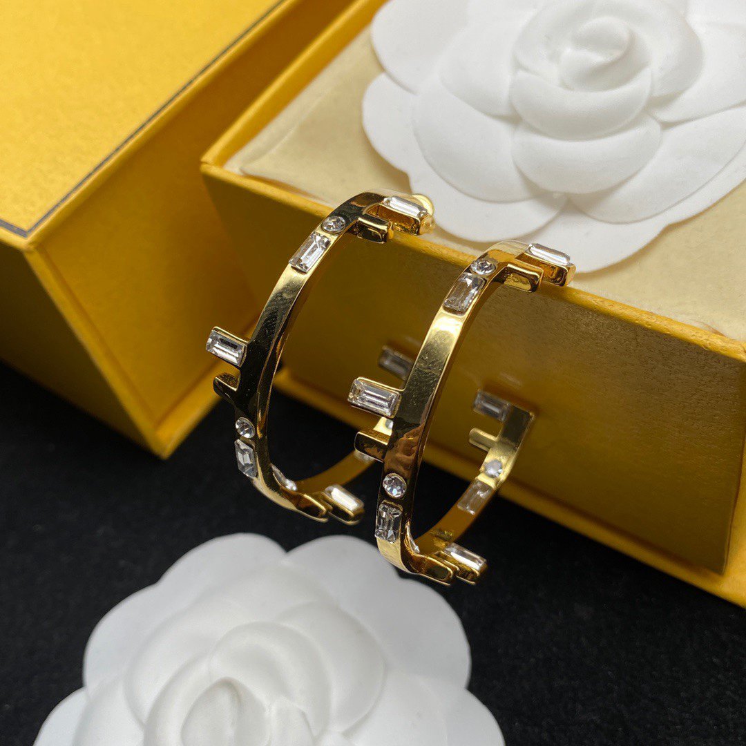 Fendi FF Logo Hoop Earrings Gold Diamond