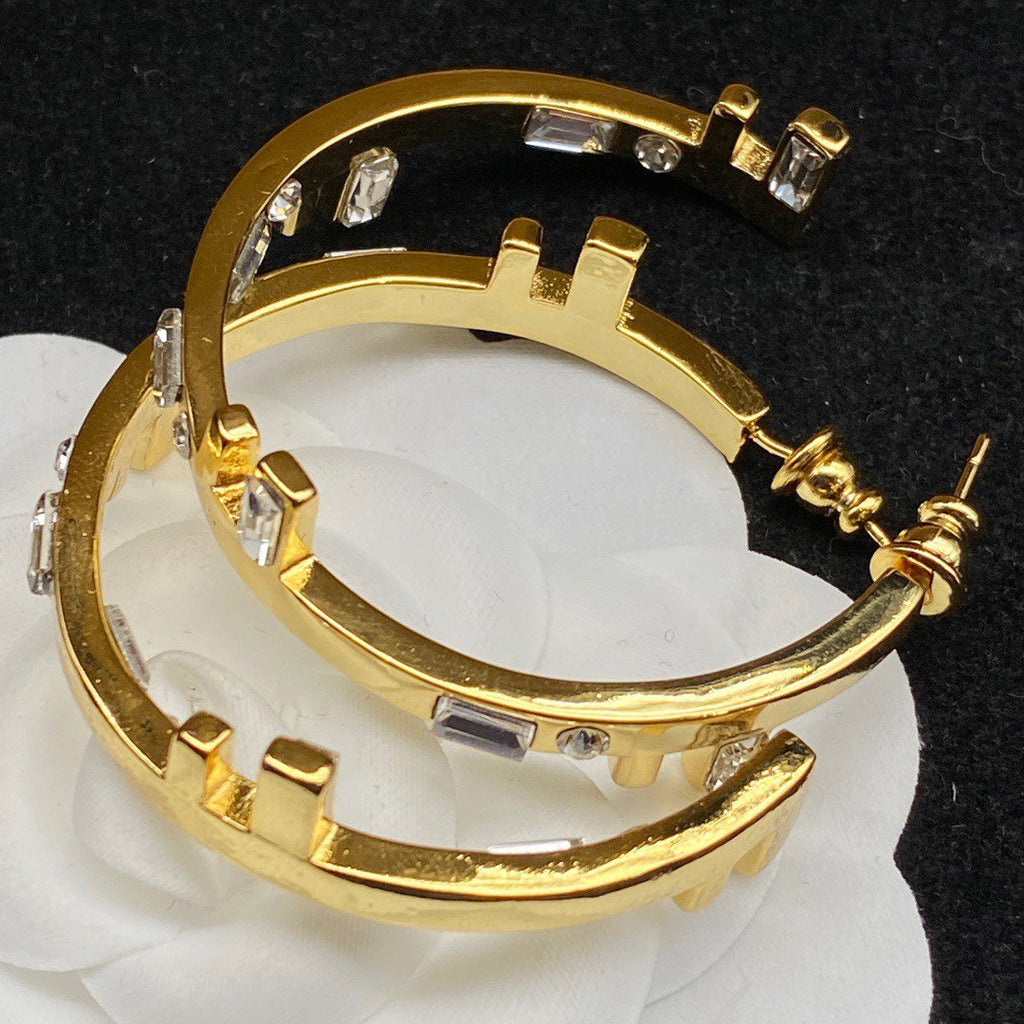 Fendi FF Logo Hoop Earrings Gold Diamond