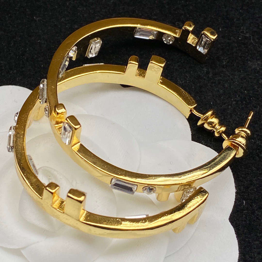 Fendi FF Logo Hoop Earrings Gold Diamond