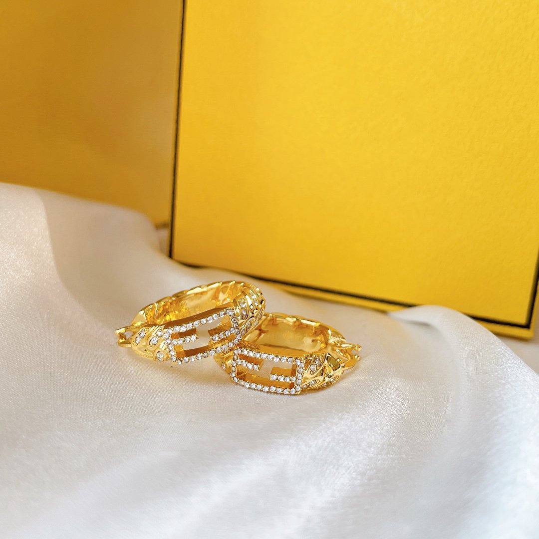 Fendi Baguette Small Earrings Gold Diamond