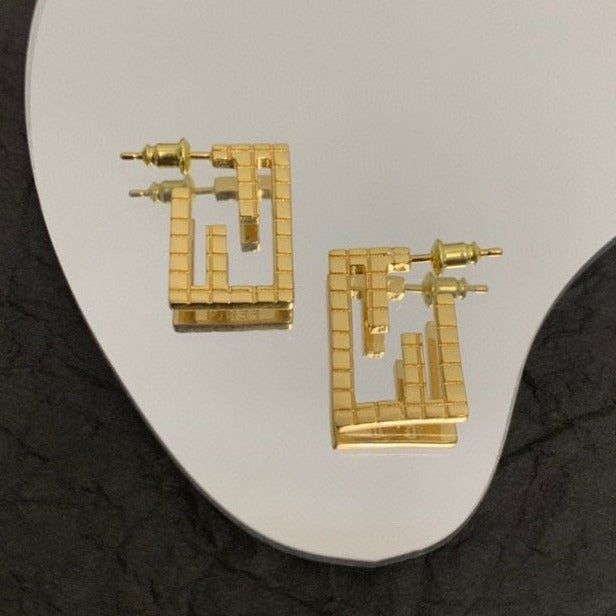 Fendi FF Baguette Motif Shaped Gold Earrings