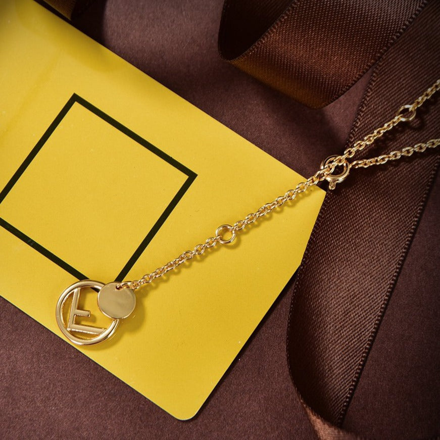 Fendi F Logo 3 Motif Gold Diamond Necklace