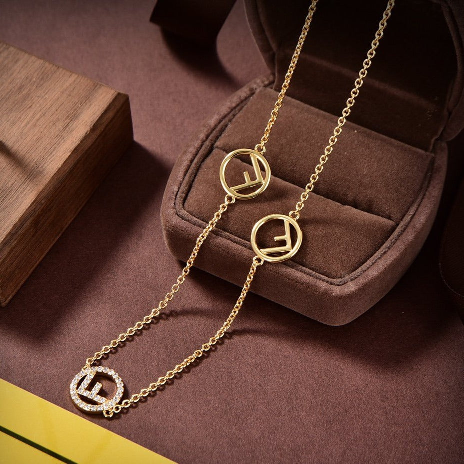 Fendi F Logo 3 Motif Gold Diamond Necklace