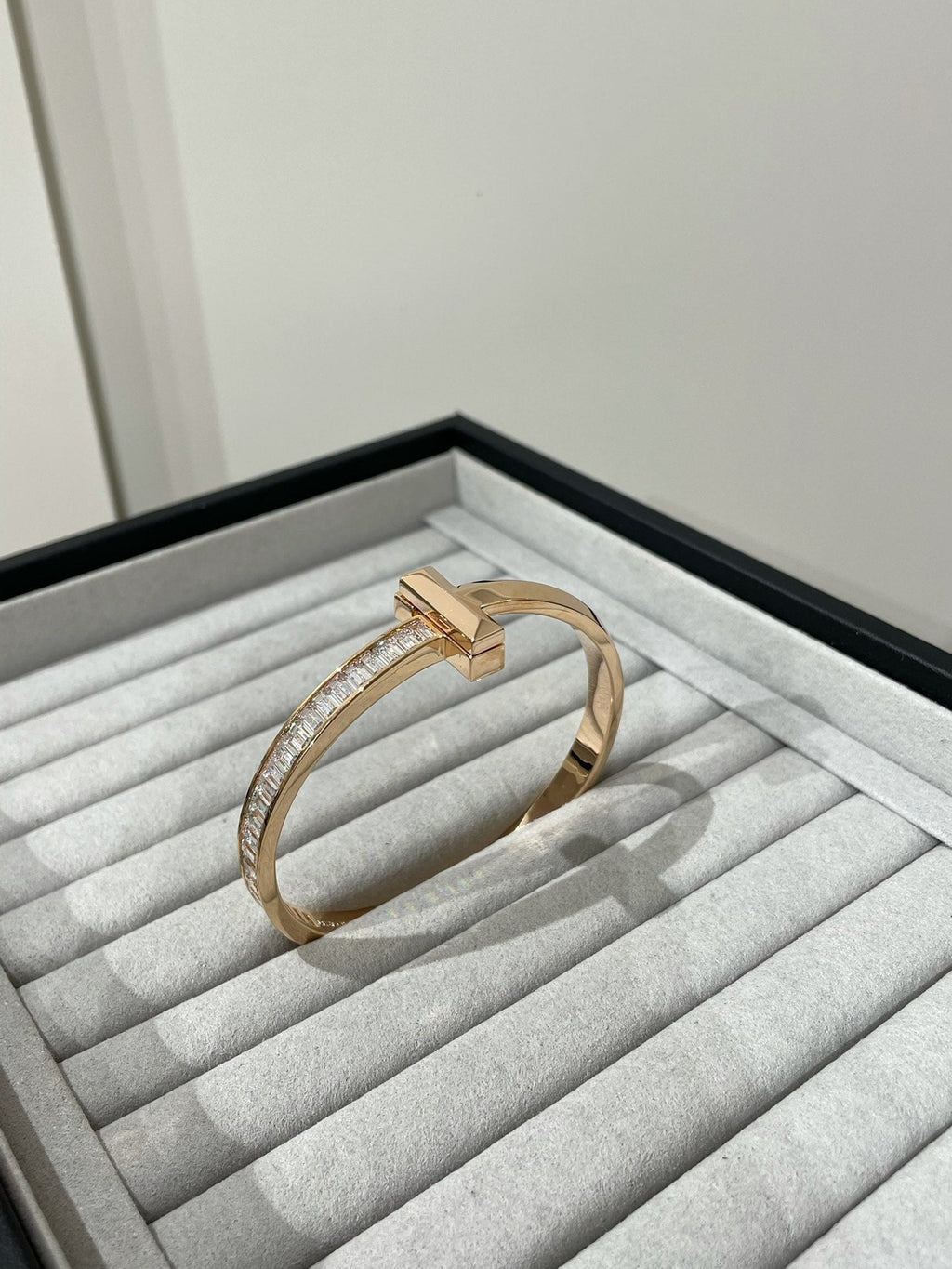 Tiffany Wide Hinged Bangle Pink Gold with Baguette Cubic Zirconia