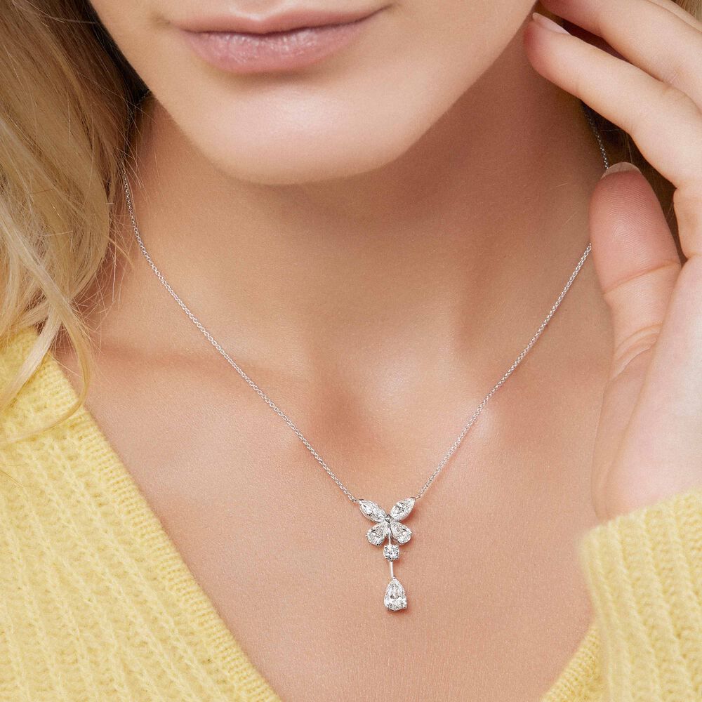 Graff Butterfly Pear Shape Classic Silver Cubic Zirconia Drop Necklace