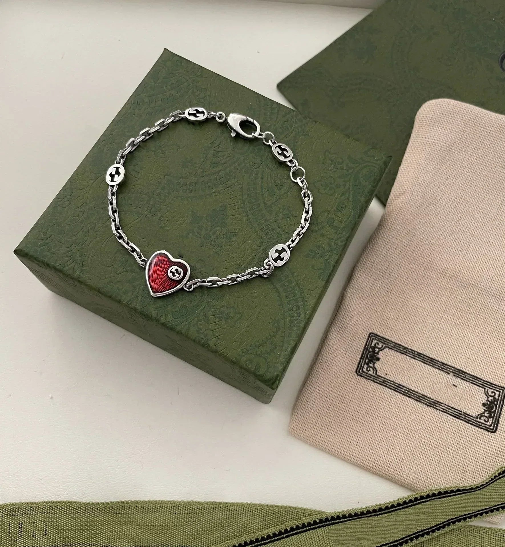 Gucci GG Heart Aged Finish Sterling Silver Red Enamel Bracelet