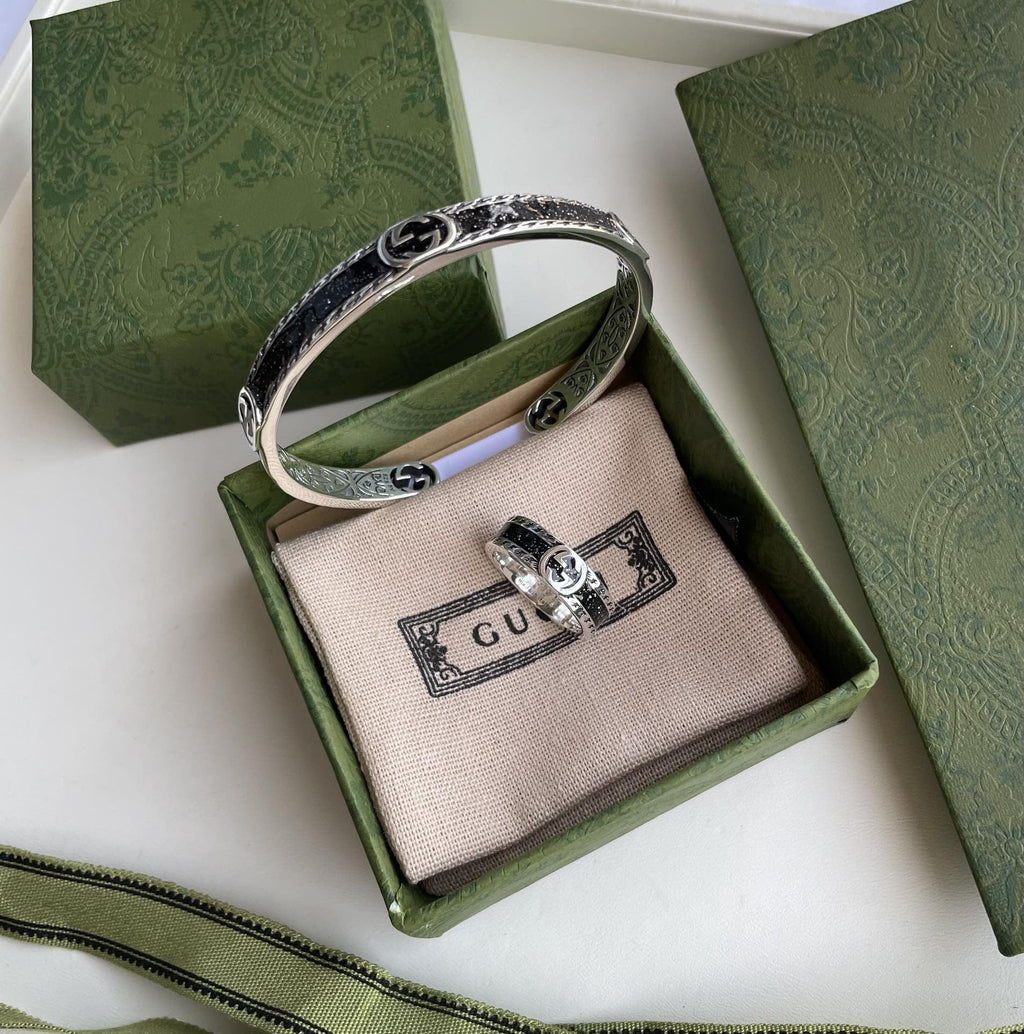 Gucci GG Interlocking G Enamel Cuff Bracelet Silver & Black