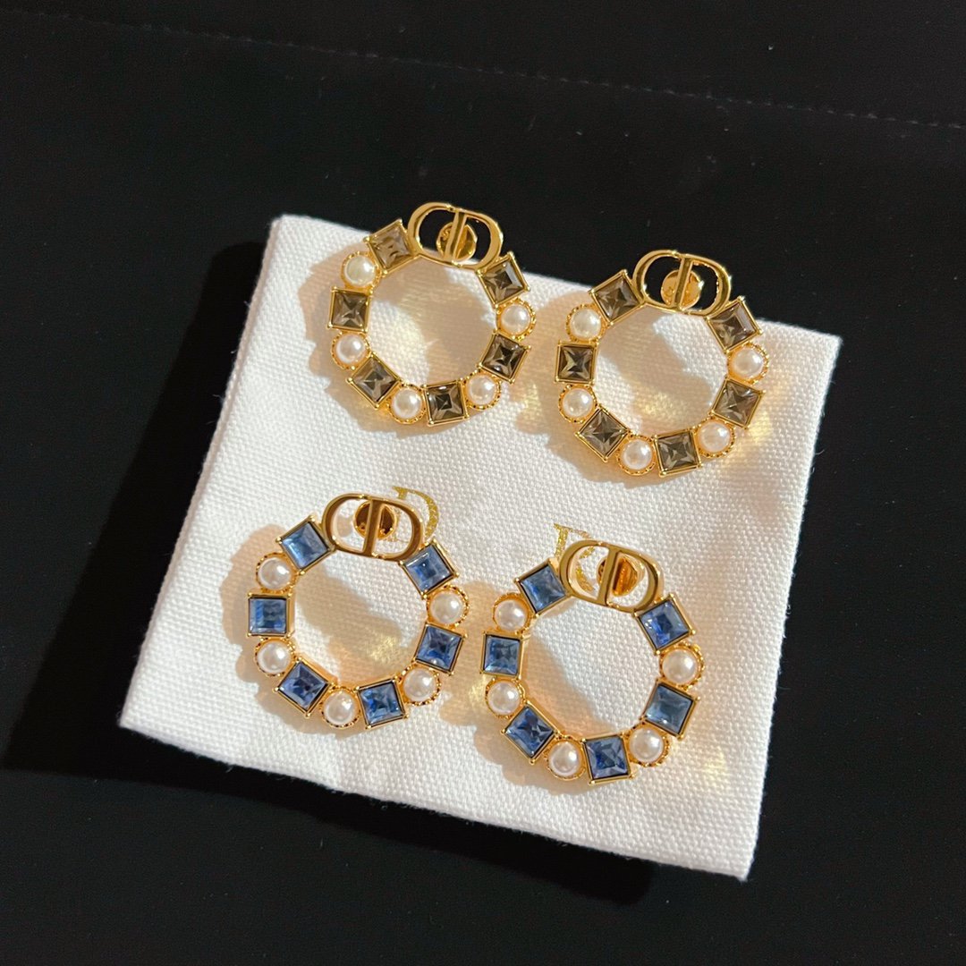 Dior CD Earrings Gold-Finish Metal with Resin Pearls and Amber-Colored Crystals