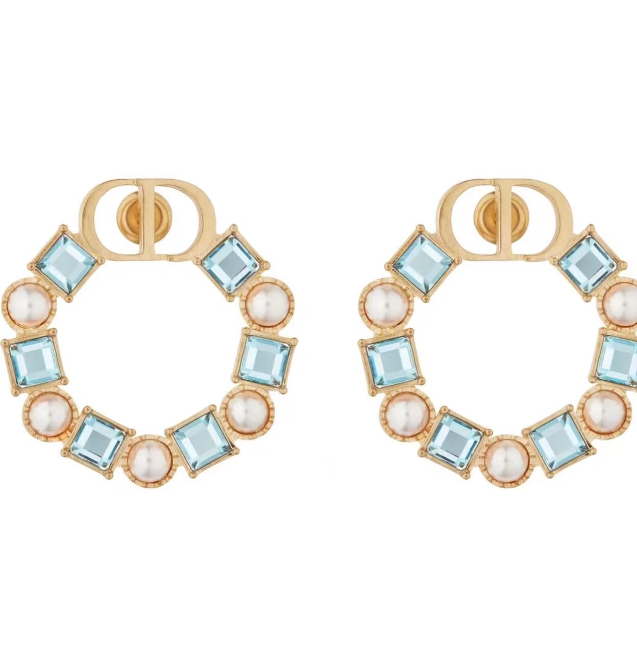 Dior CD Earrings Gold-Finish Metal with Resin Pearls and Amber-Colored Crystals