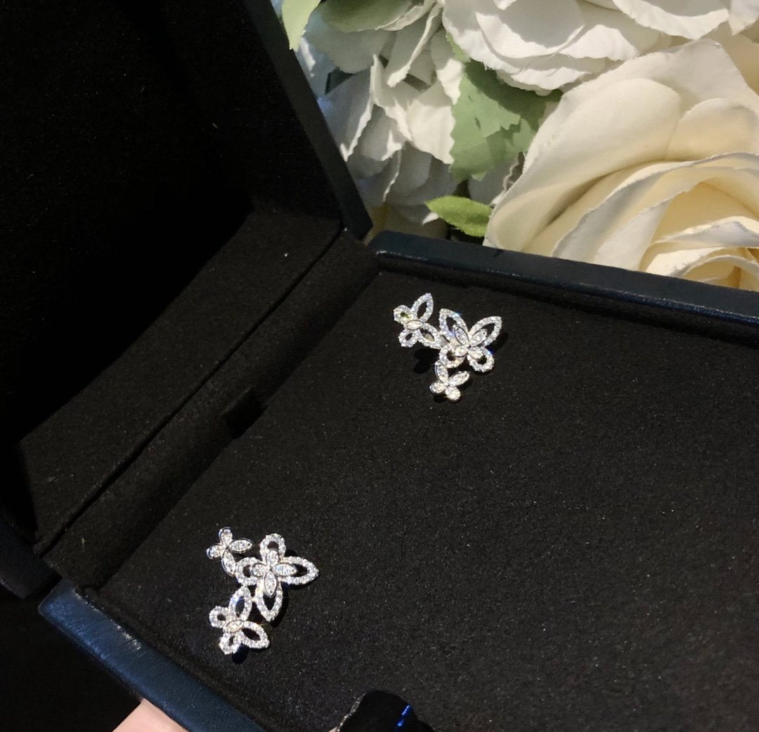 Graff Triple Butterfly Sihouette Silver Diamond Earrings