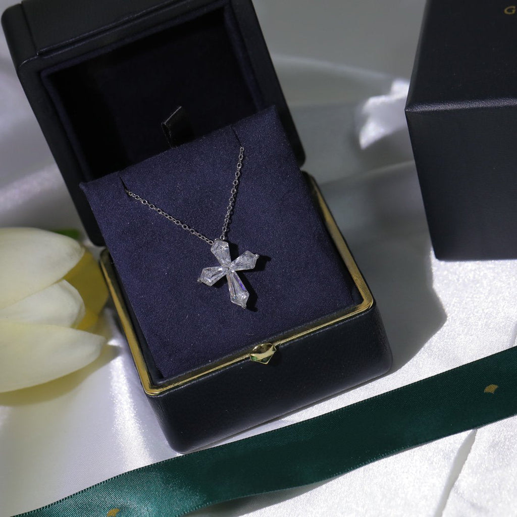 Graff Baguette Cut Silver Cubic Zirconia Cross Necklace