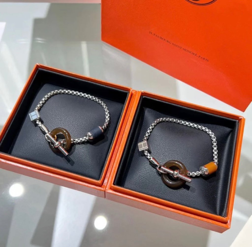 Hermes HM Black Circle Silver Bracelet