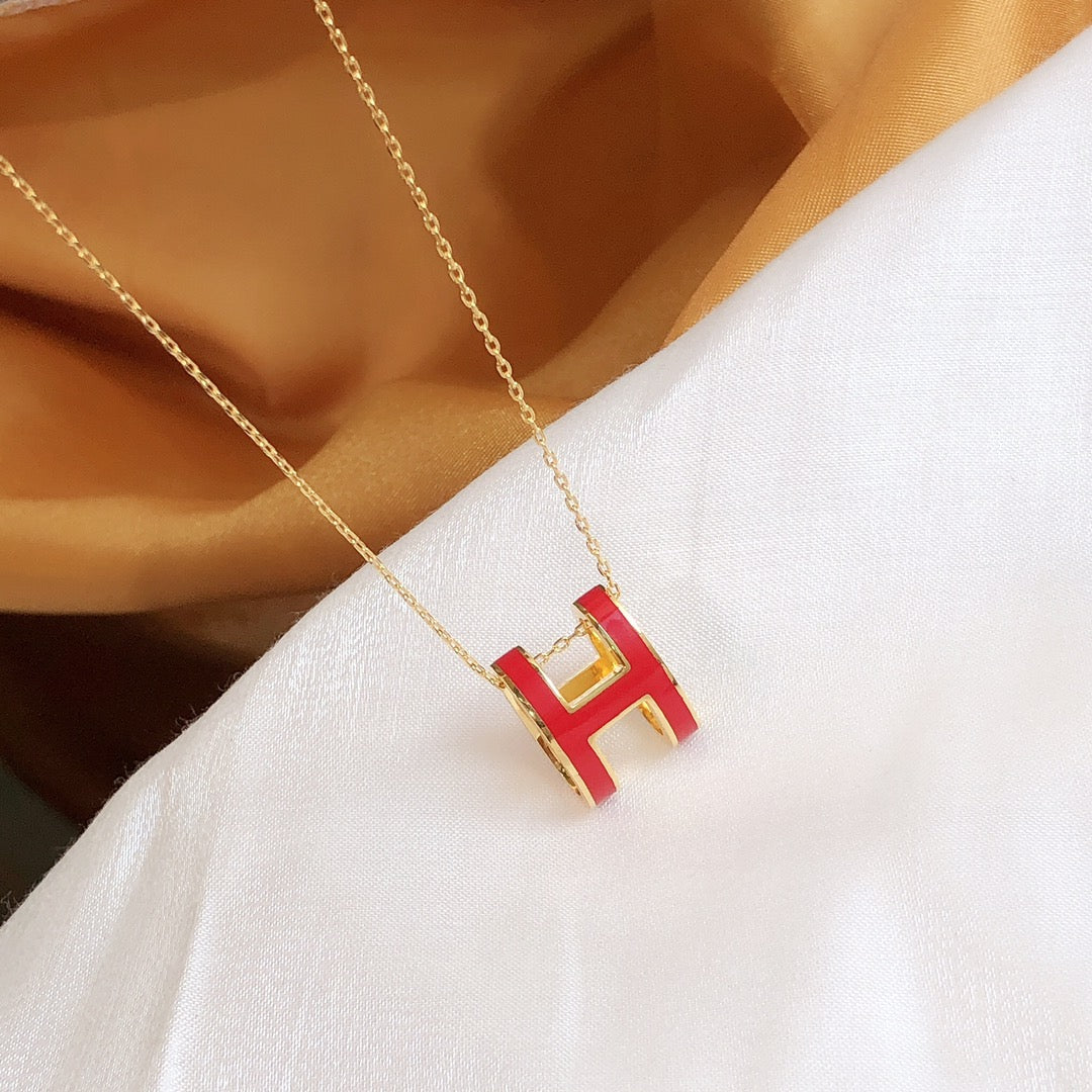 Hermes HM Clic Red Enamel Gold Necklace