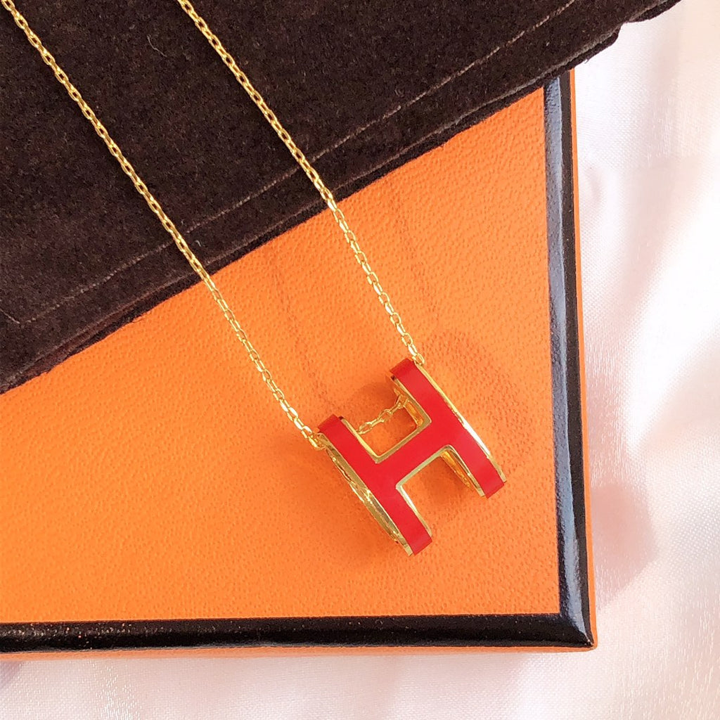 Hermes HM Clic Red Enamel Gold Necklace