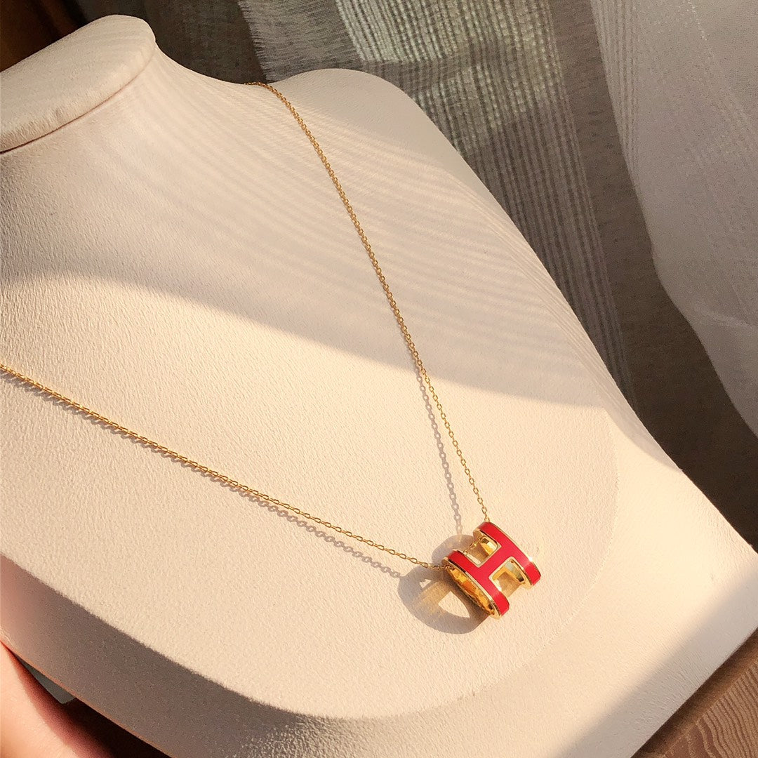 Hermes HM Clic Red Enamel Gold Necklace