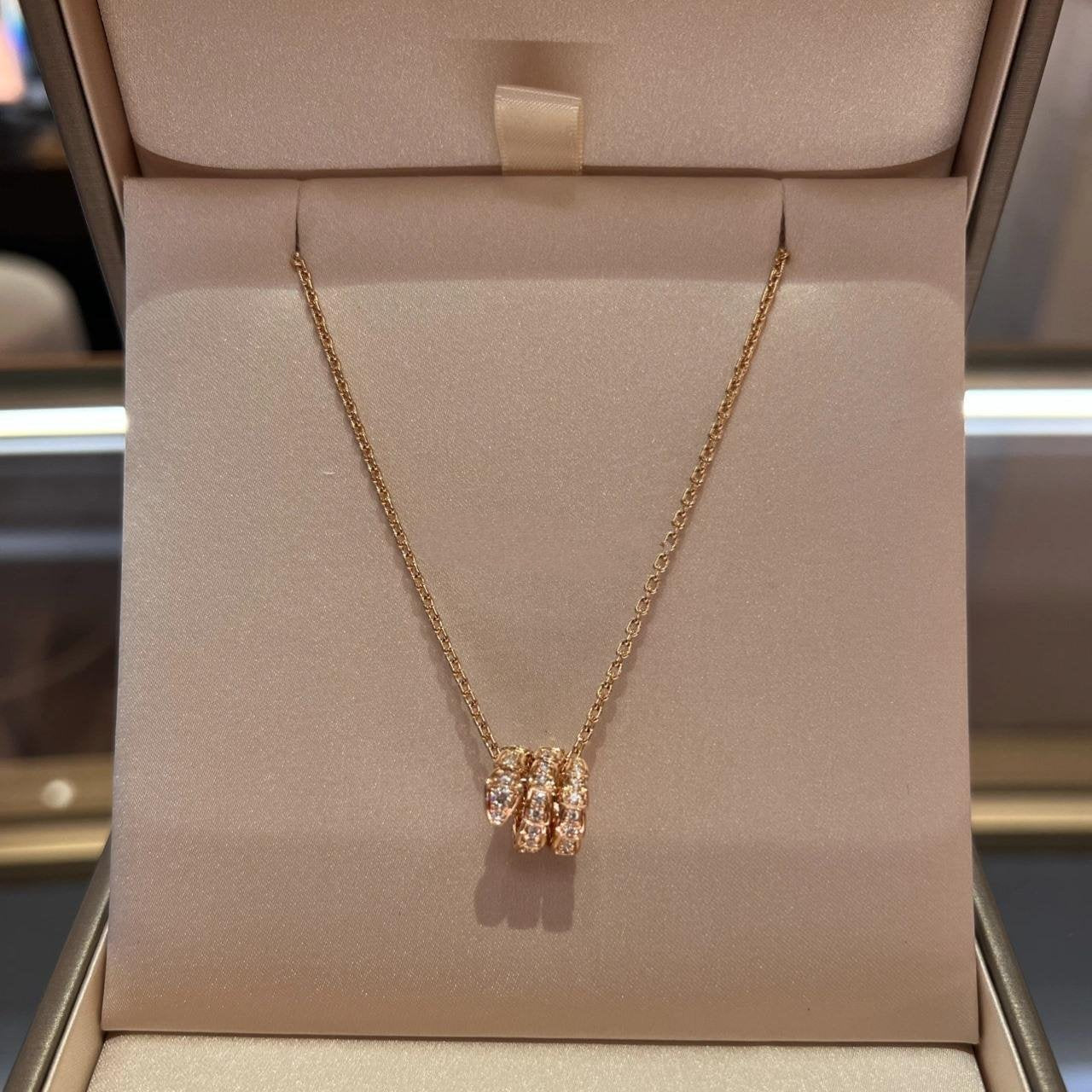 Bvlgari Serpenti Pink Gold Necklace Double Ring Cubic Zirconia