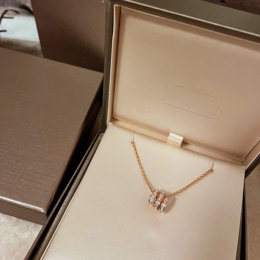 Bvlgari Serpenti Pink Gold Necklace Double Ring Cubic Zirconia