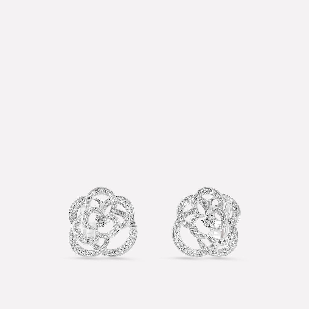 Chanel Fil de Camelia Earrings Silver Diamond