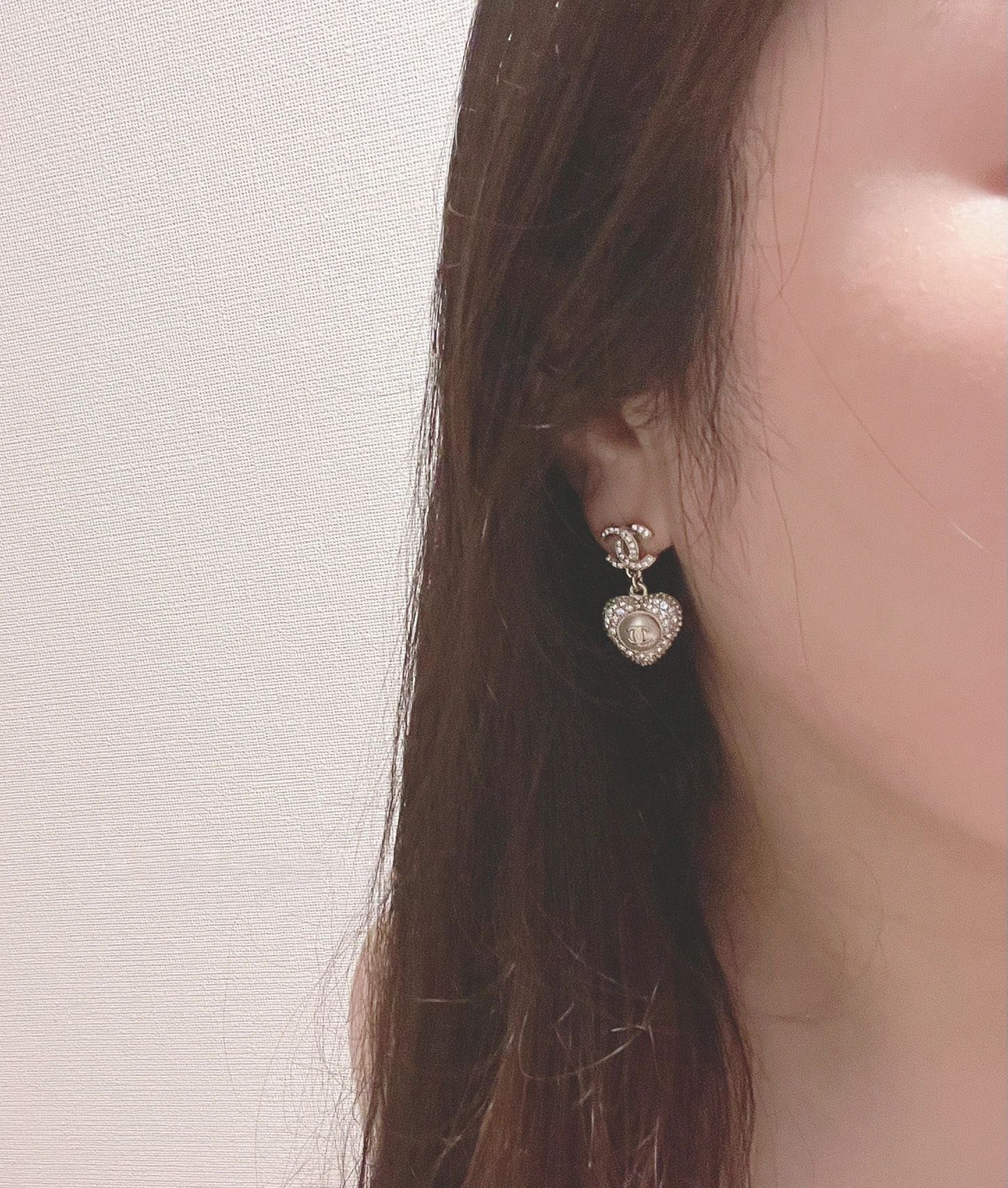 Chanel Logo Cubic Zirconia Paved Heart MOP Drop Earrings