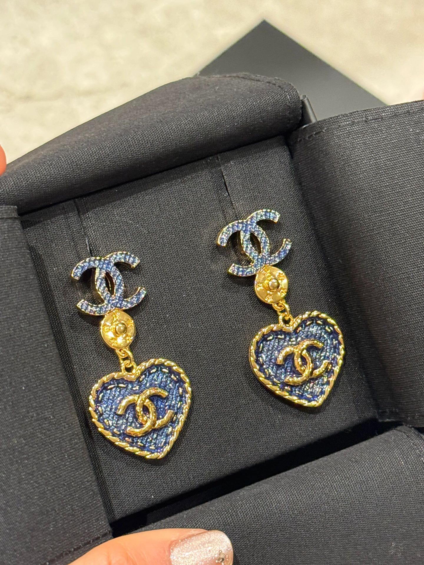 Chanel Heart Blue Denim Drop Earrings