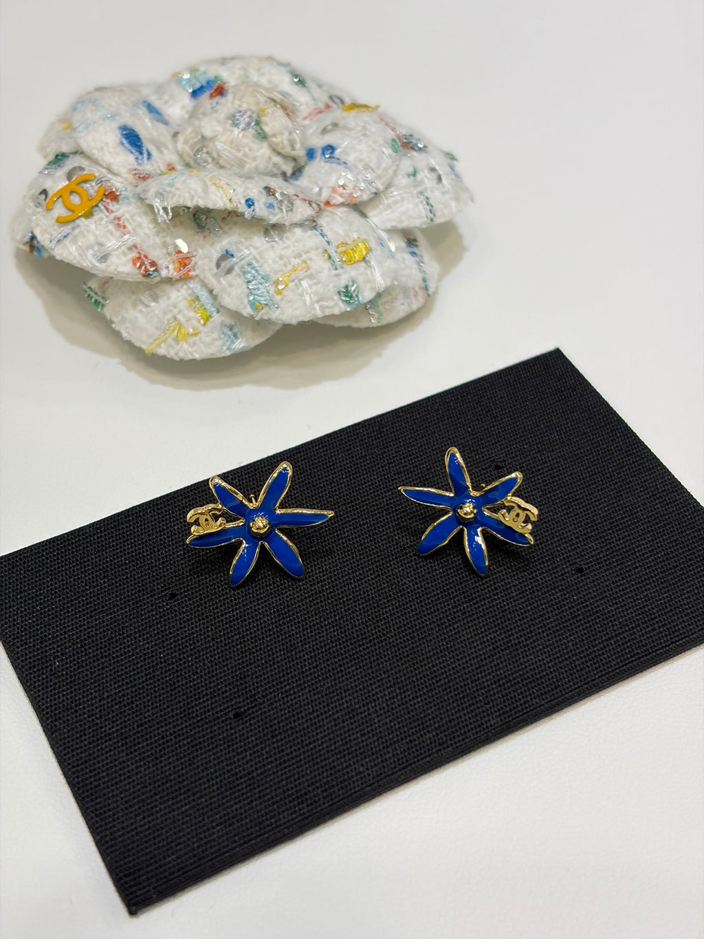 Chanel 2026 Gold Double C Blue and Yellow Enamel Flower Stud Earrings