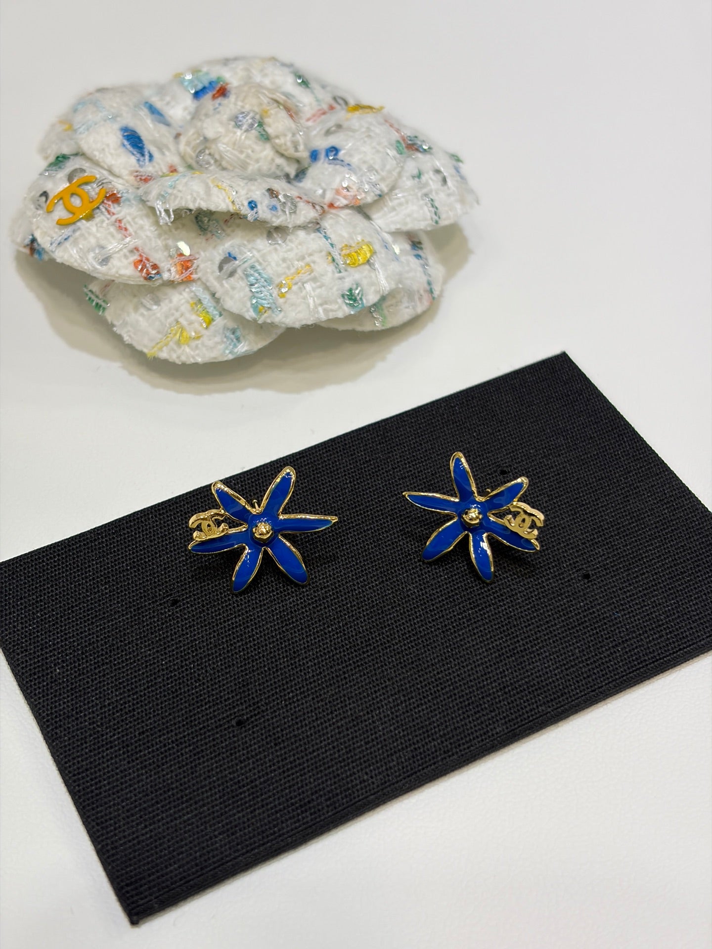 Chanel 2026 Gold Double C Blue and Yellow Enamel Flower Stud Earrings