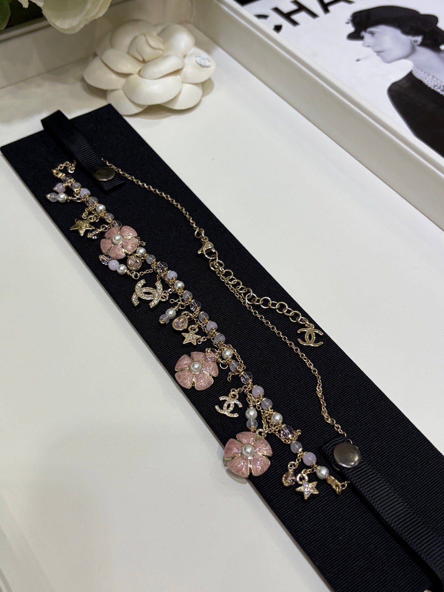 Chanel 2026 Light Gold Double C Pink Flower Pearl Tassel Necklace