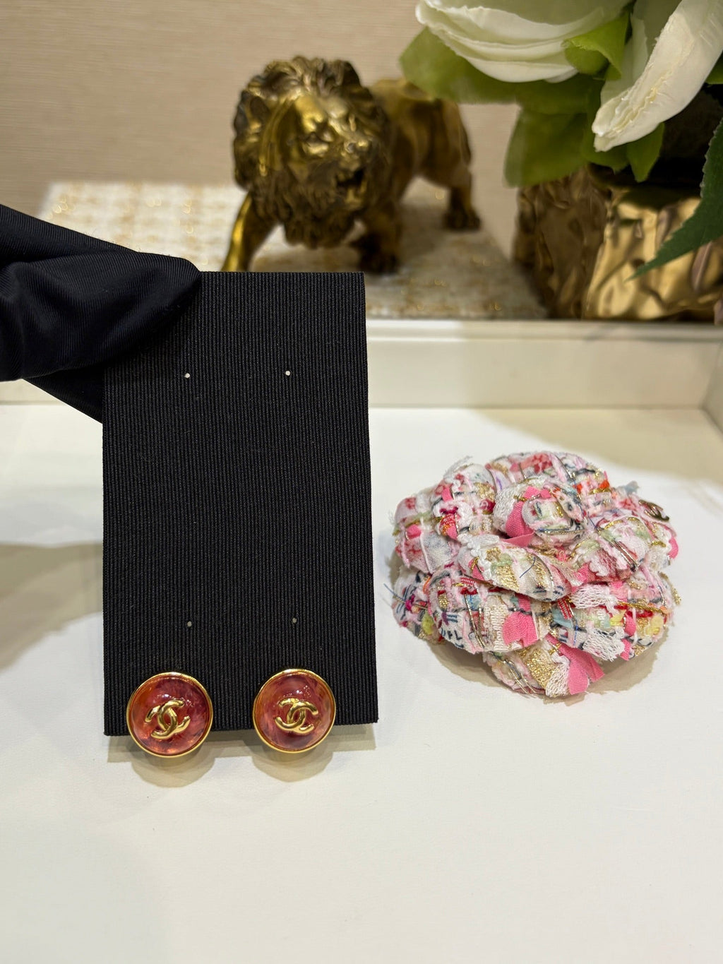 Chanel Gripoix Earrings with Gold Logo and Red Glass Stones