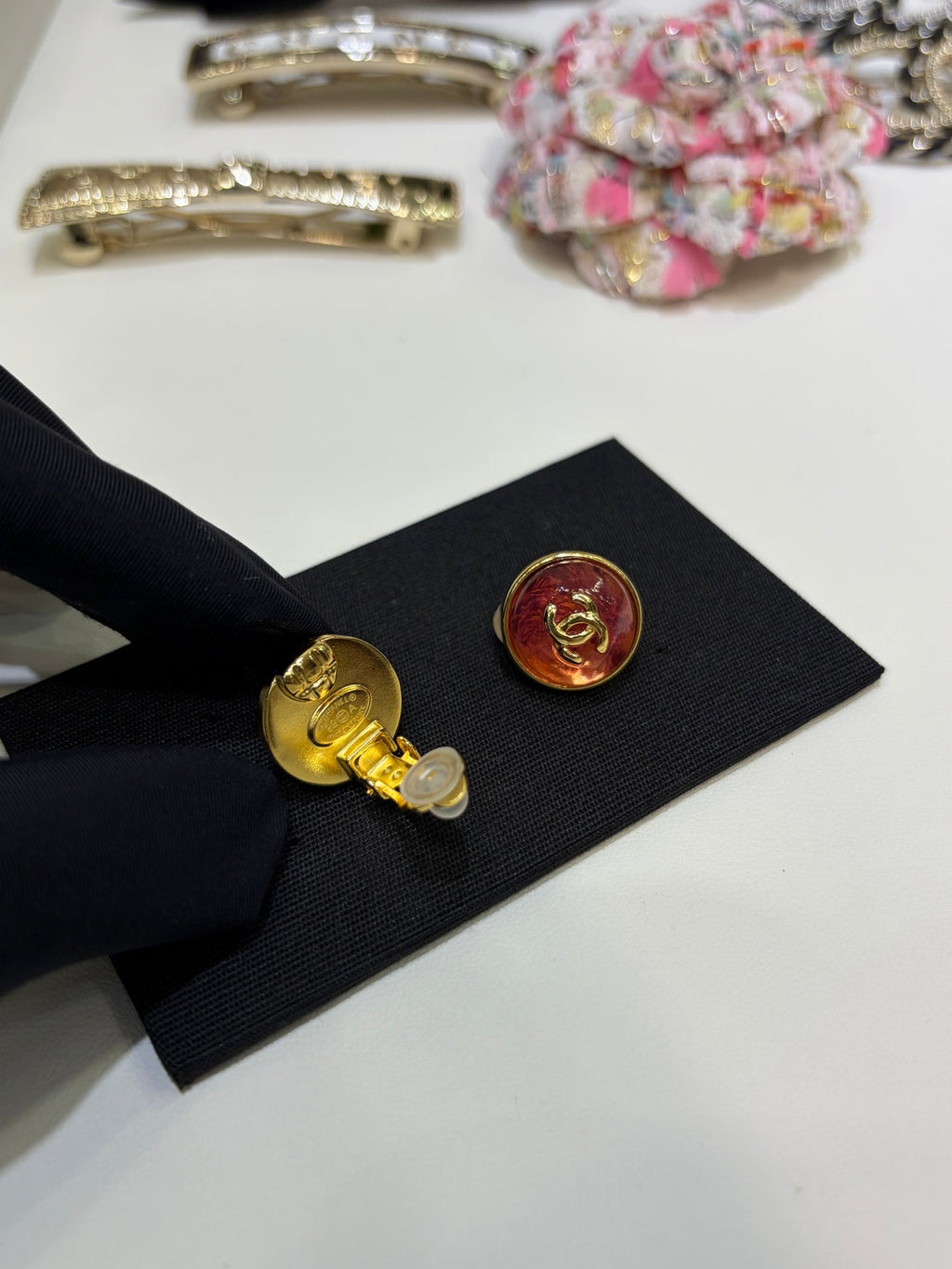 Chanel Gripoix Earrings with Gold Logo and Red Glass Stones