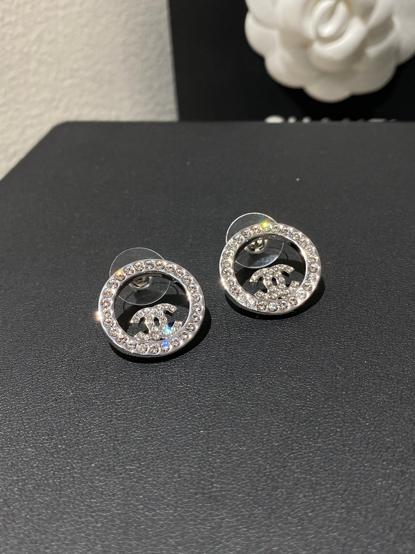 Chanel Classic Platinum Rhinestone Stud Silver Earrings
