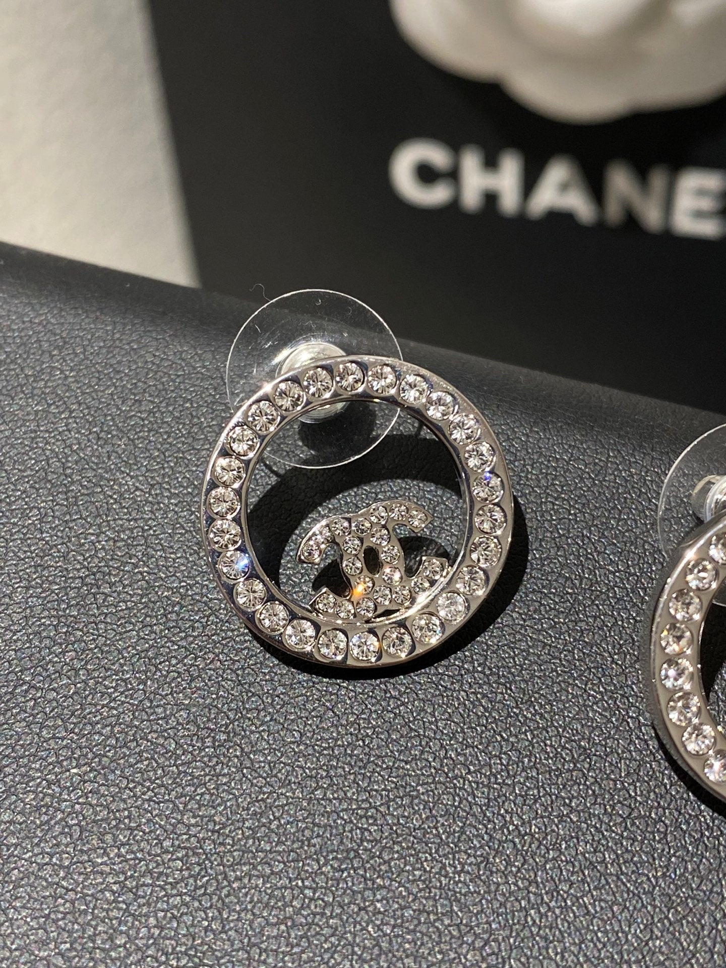 Chanel Classic Platinum Rhinestone Stud Silver Earrings
