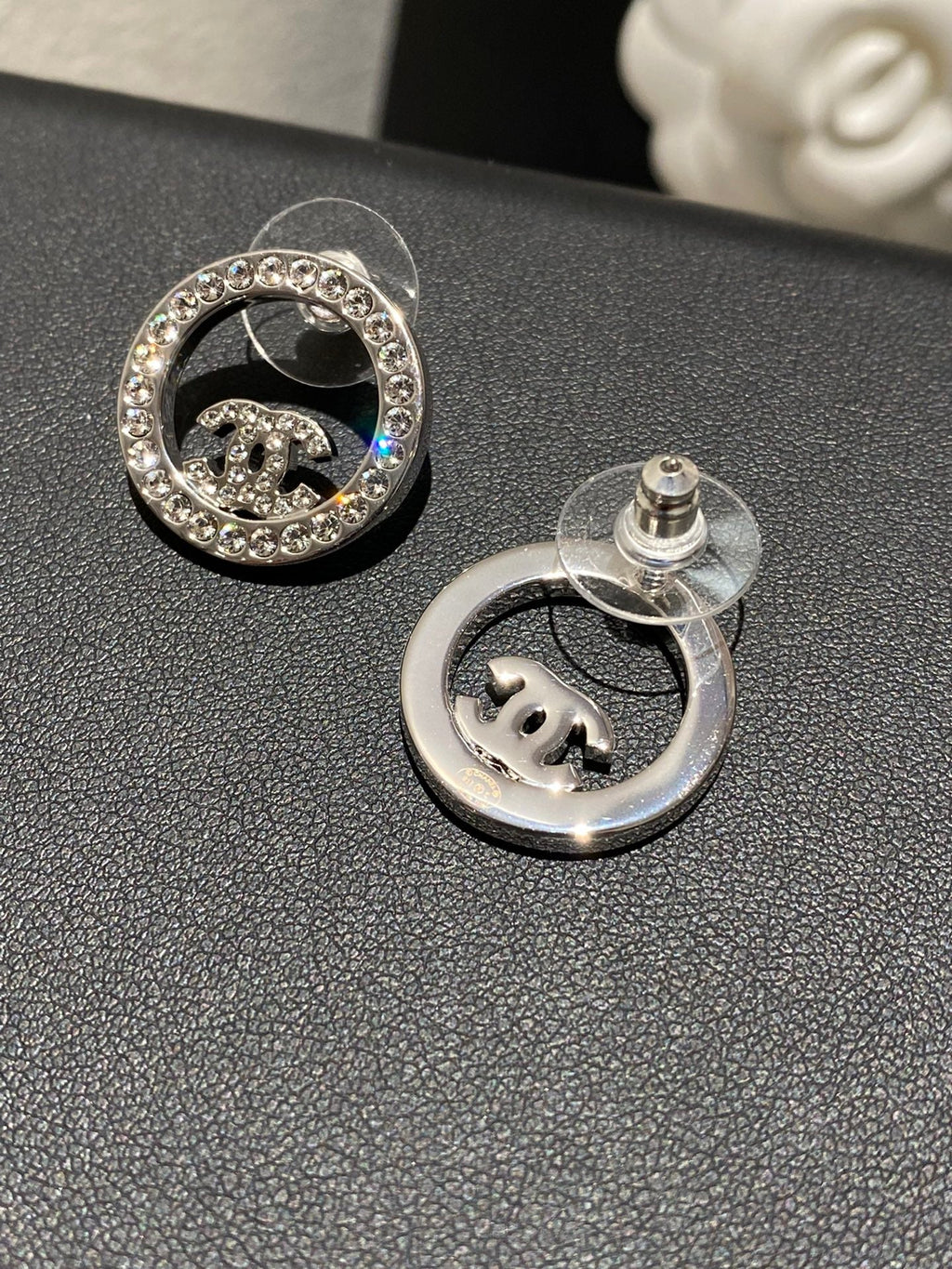 Chanel Classic Platinum Rhinestone Stud Silver Earrings