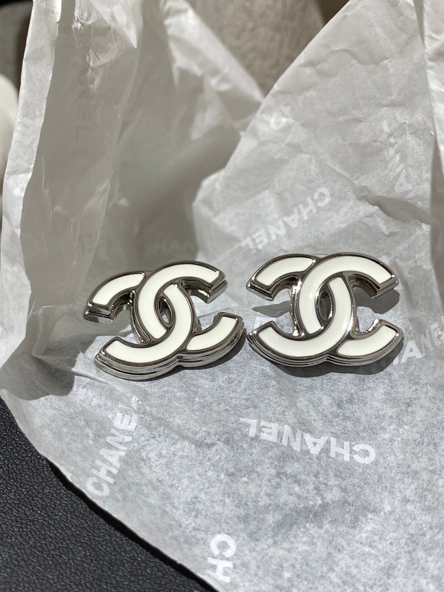 Chanel Classic White Silver Enamel Double C Earrings - Style 1