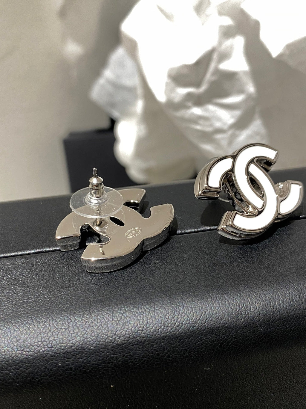 Chanel Classic White Silver Enamel Double C Earrings - Style 1