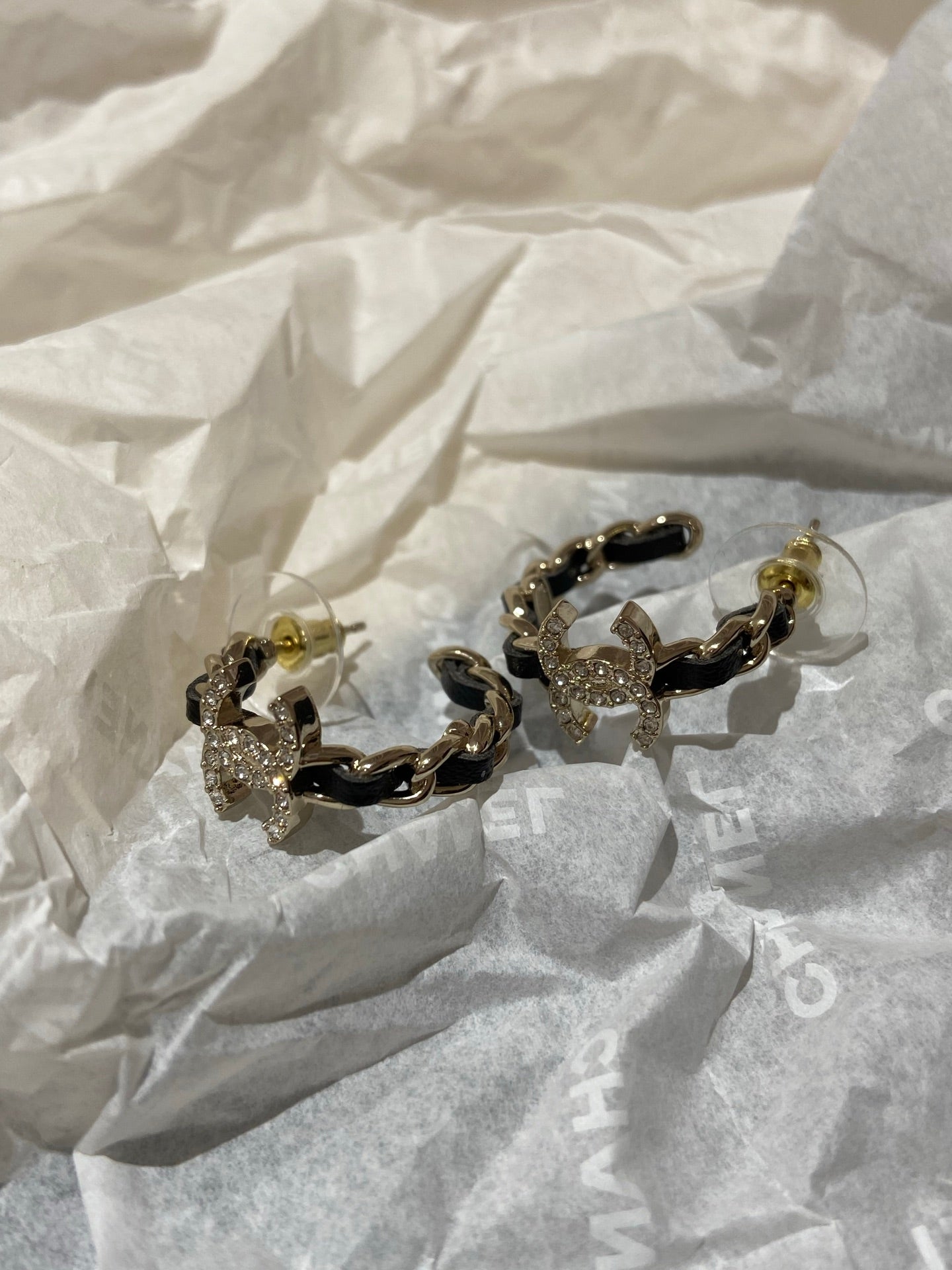 Chanel Half Circle Gold Black Leather Earrings