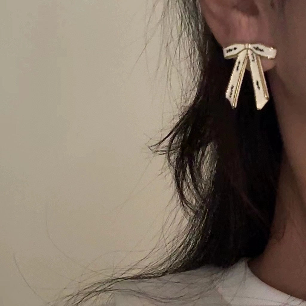 Chanel Black Letter Earrings with White Ribbon and Bow