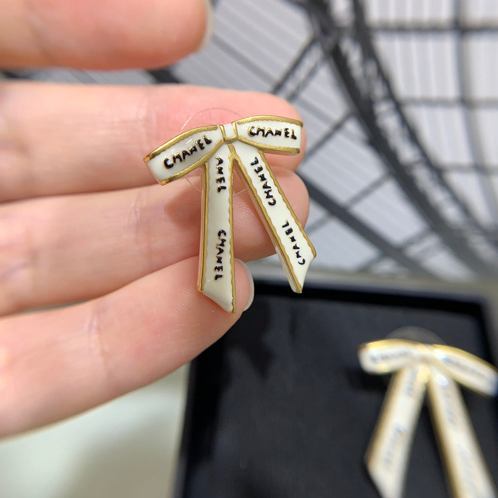 Chanel Black Letter Earrings with White Ribbon and Bow