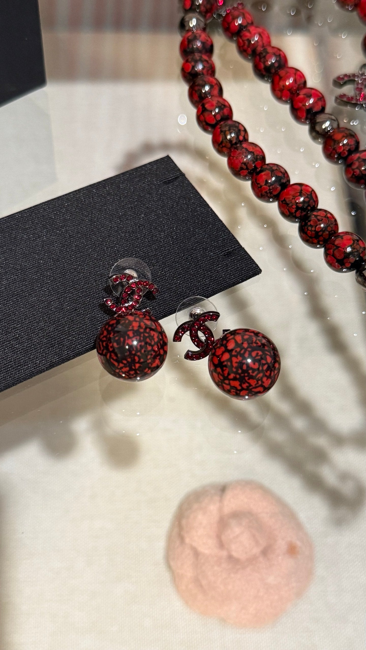 Chanel Double C Deep Red and Black Resin Ball Earrings