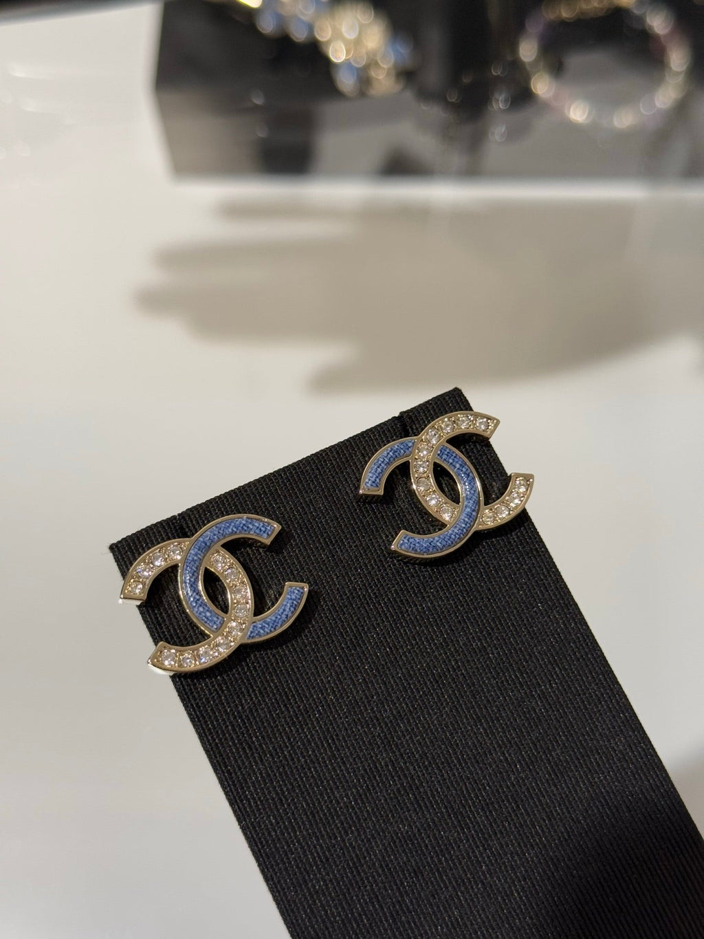 Chanel 2026 Light Gold Denim Patchwork Crystal Double C Stud Earrings