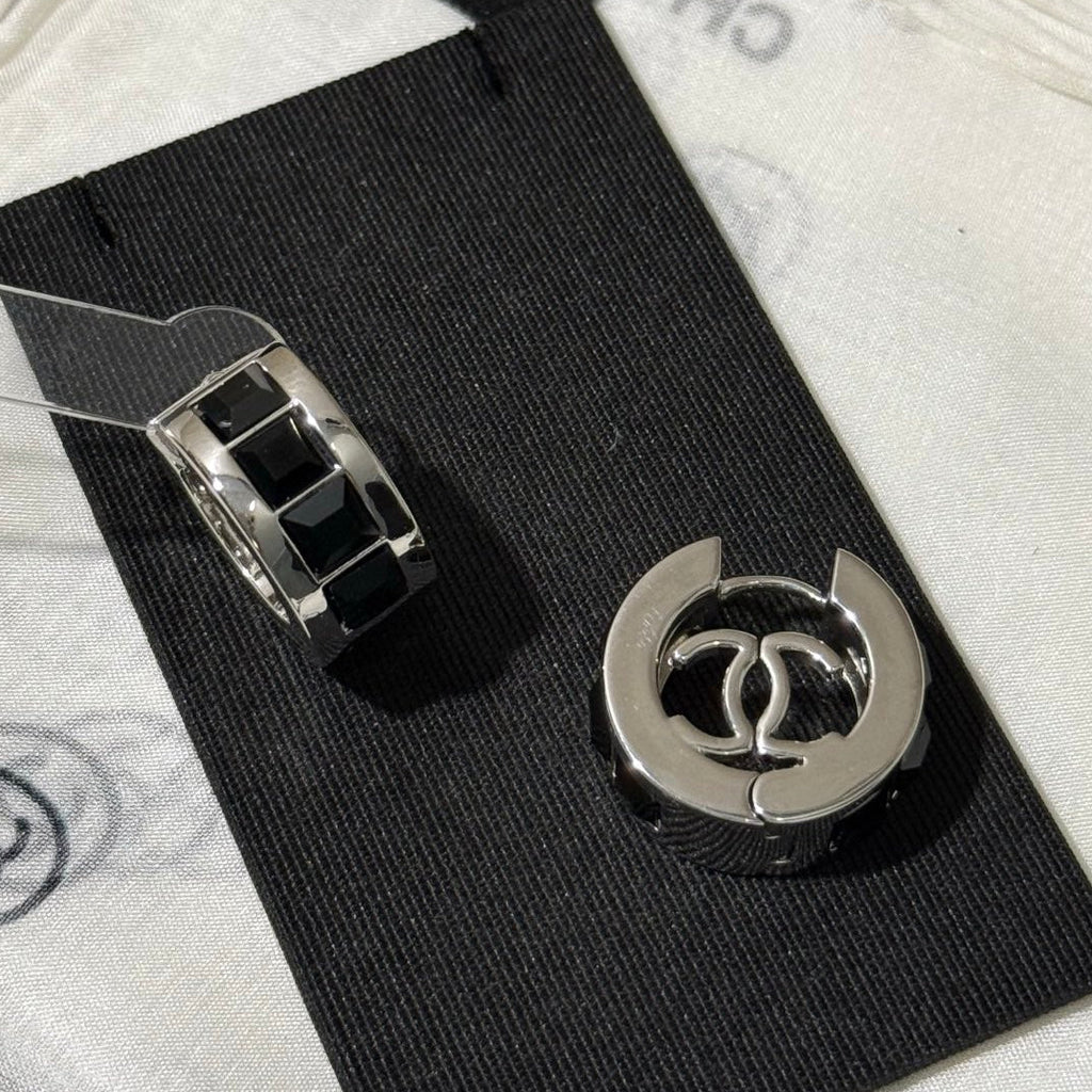 Chanel 2026 Black Square Diamond Silver Double C Hoop Stud Earrings