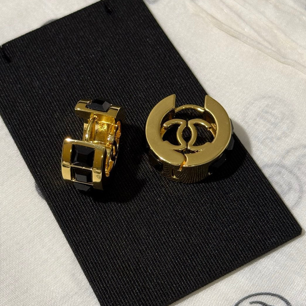 Chanel 2026 Black Square Diamond Gold Double C Hoop Stud Earrings