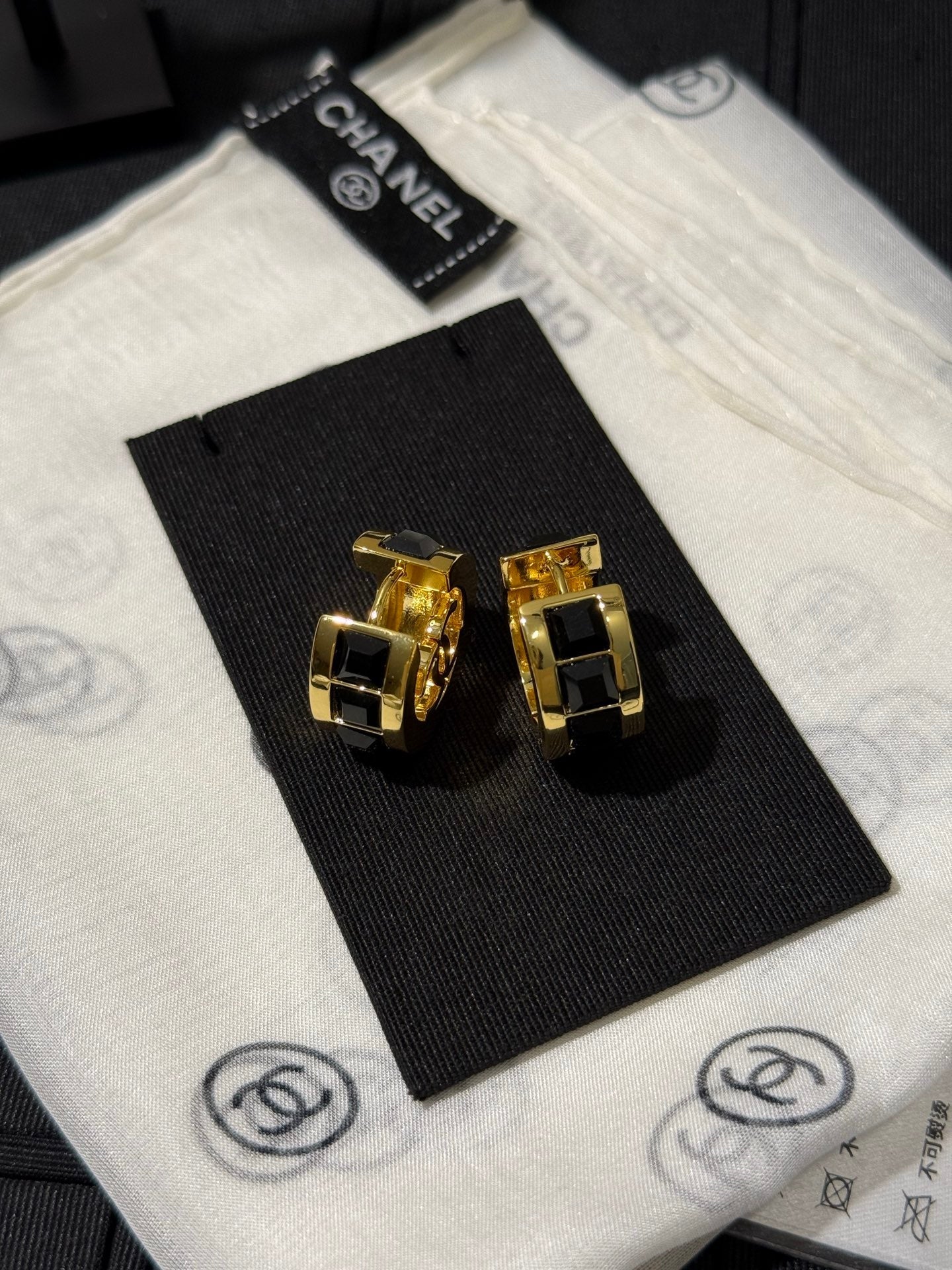 Chanel 2026 Black Square Diamond Gold Double C Hoop Stud Earrings