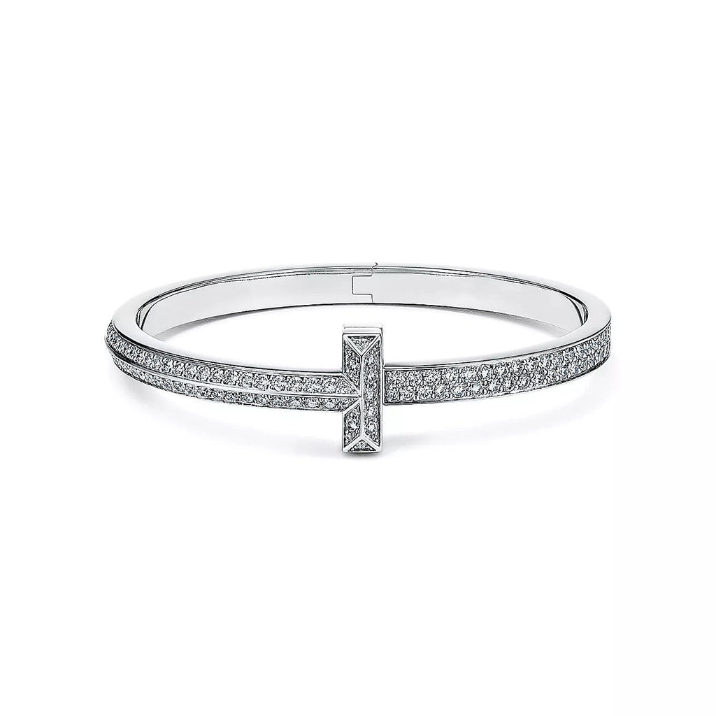 Tiffany Wide Cubic Zirconia Hinged Bangle Silver