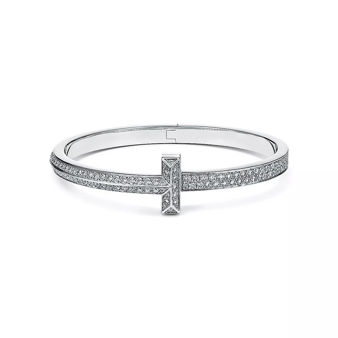 Tiffany Wide Cubic Zirconia Hinged Bangle Silver