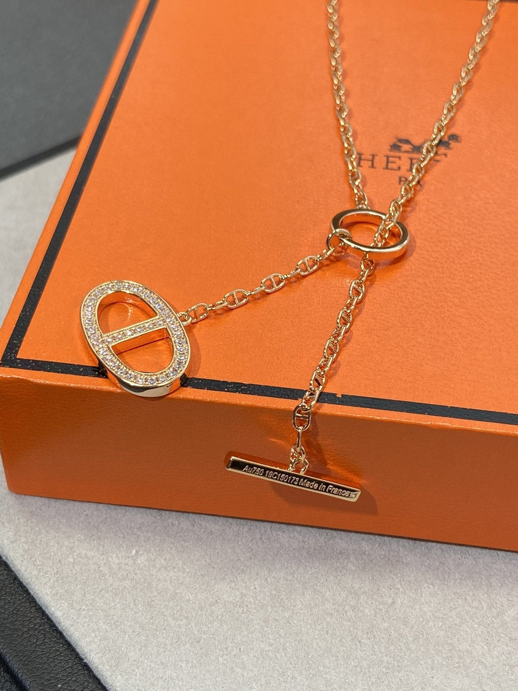 Hermes Chaine Small Full Diamond Pig Nose Pink Gold Necklace