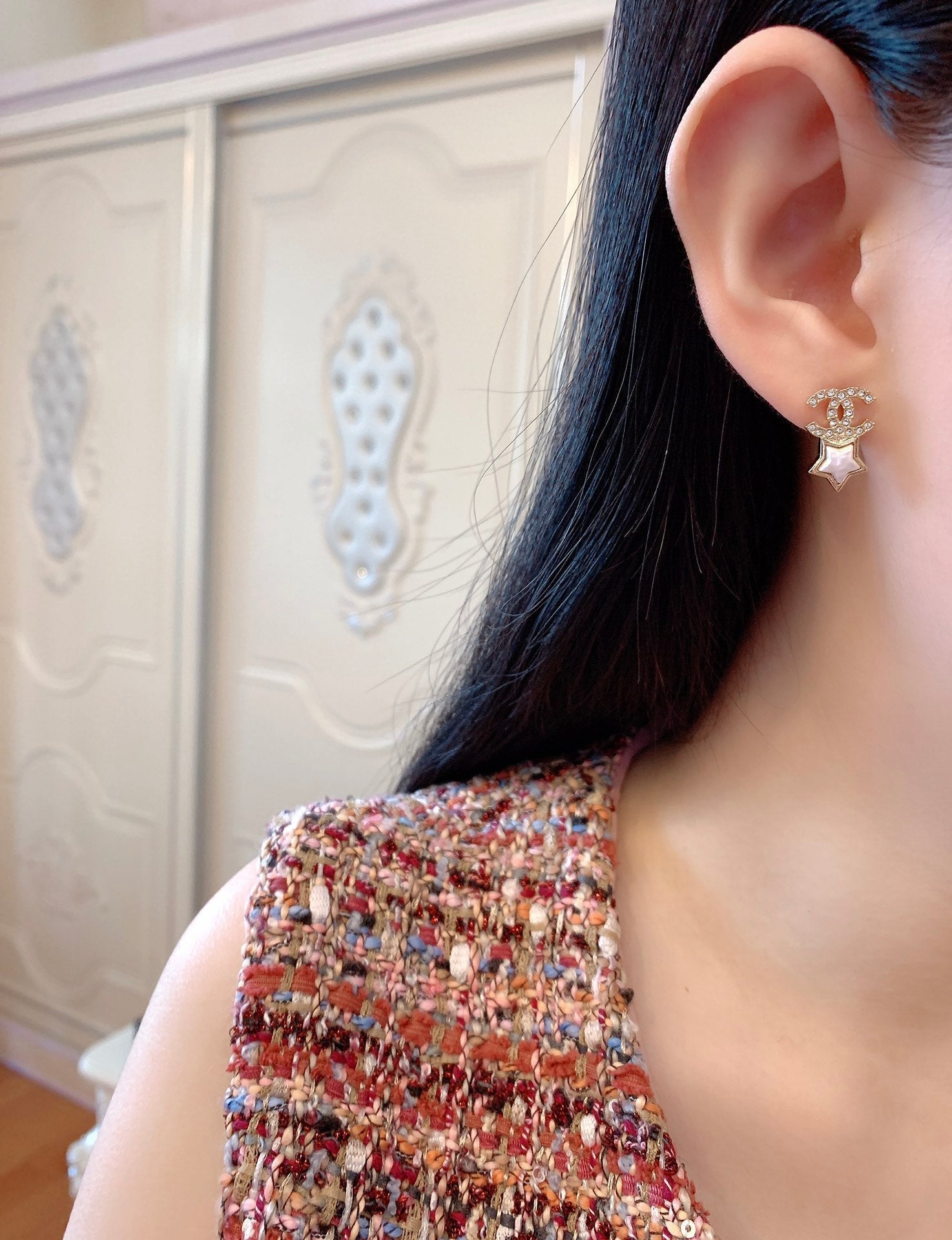 Chanel Double Heart Diamonds Silver Earrings