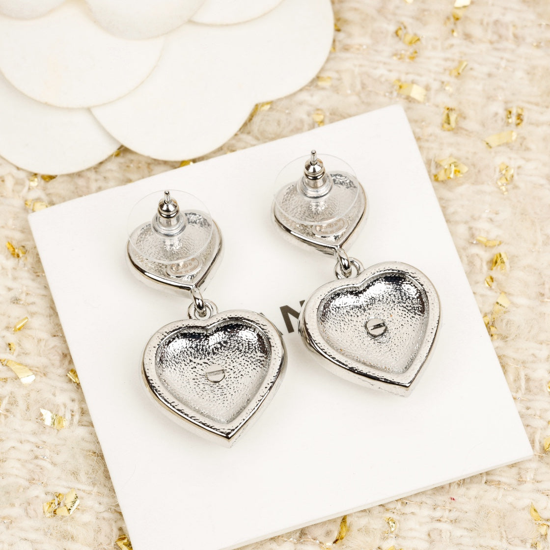 Chanel Double Heart Diamonds Silver Earrings